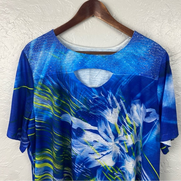 Catherines blue green Floral sparkle key hole t-shirt 1X - Picture 2 of 9